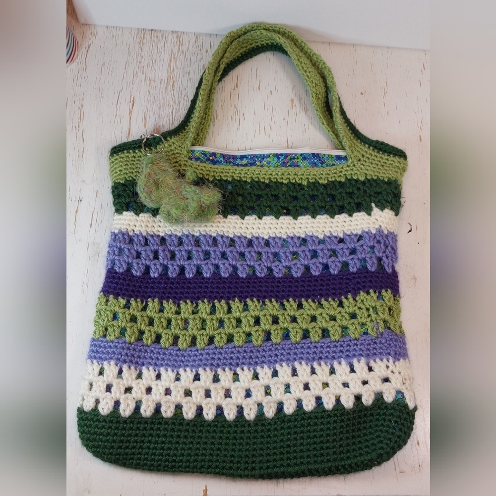 Pretty Green Purple Hand Crafted Granny Shabby Chic Purse Lined Crochet Handbag